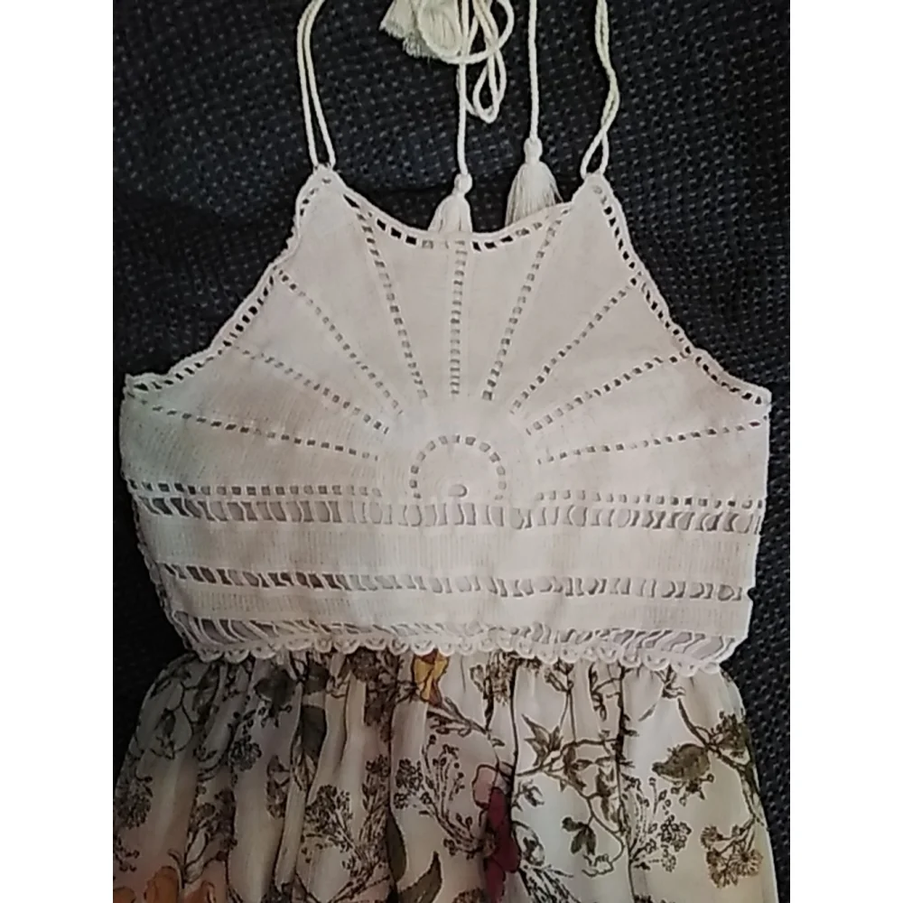 🌻 Taylor & Sage Maxi Dress Size L Crochet Floral Halter Colorful Pink Yellow - Picture 5 of 12